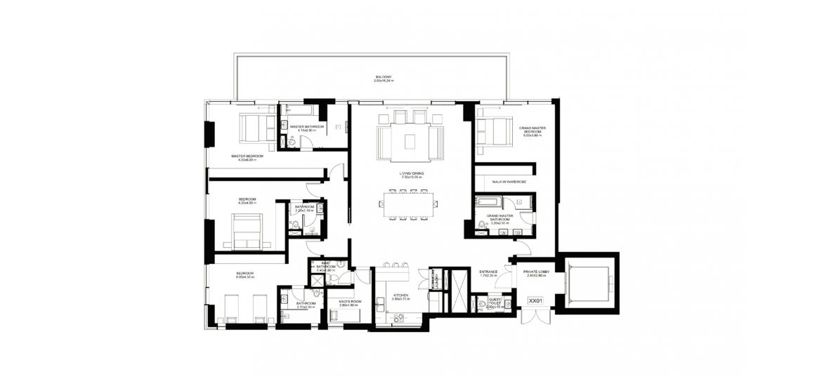 Plano del apartamento «D», 4 dormitorios en 1/JBR