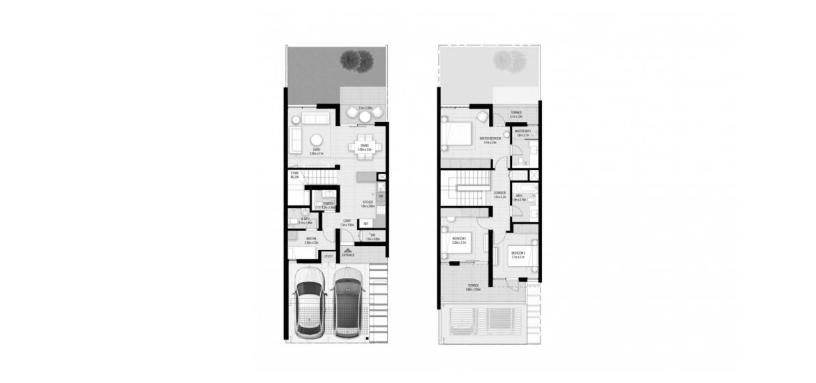 Plano del apartamento «A», 3 dormitorios en TILAL AL GHAF RESIDENCES