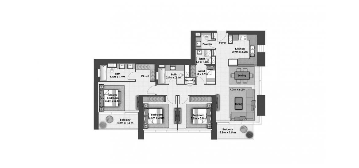 Plano del apartamento «CREEKSIDE 18 3BR 151SQM», 3 dormitorios en CREEKSIDE 18