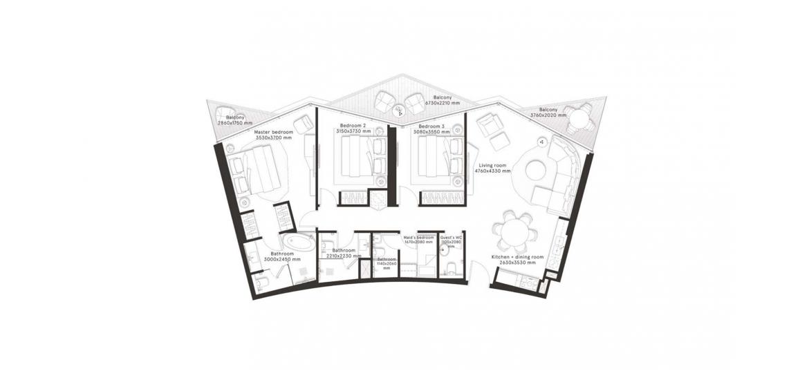 Plano del apartamento «A», 3 dormitorios en W RESIDENCES DUBAI – DOWNTOWN