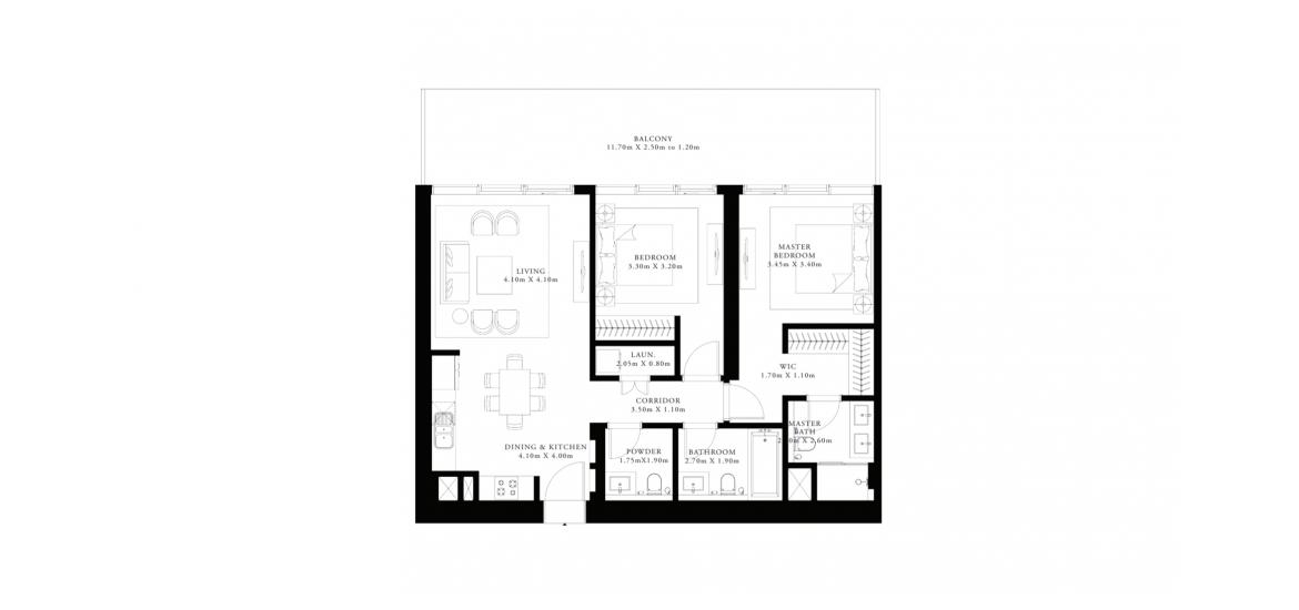 Plano del apartamento «A», 2 dormitorios en GRAND BLEU TOWER