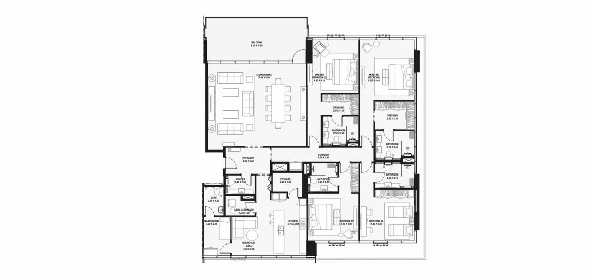 Plano del apartamento «D», 4 dormitorios en LAGOON VIEWS