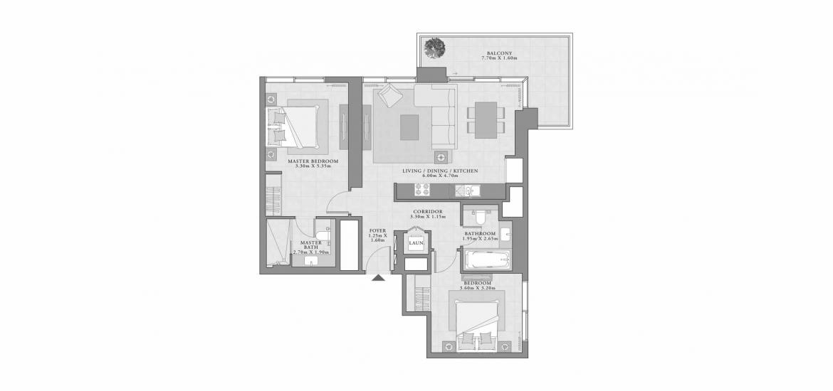 Plano del apartamento «B», 2 dormitorios en CREEK PALACE