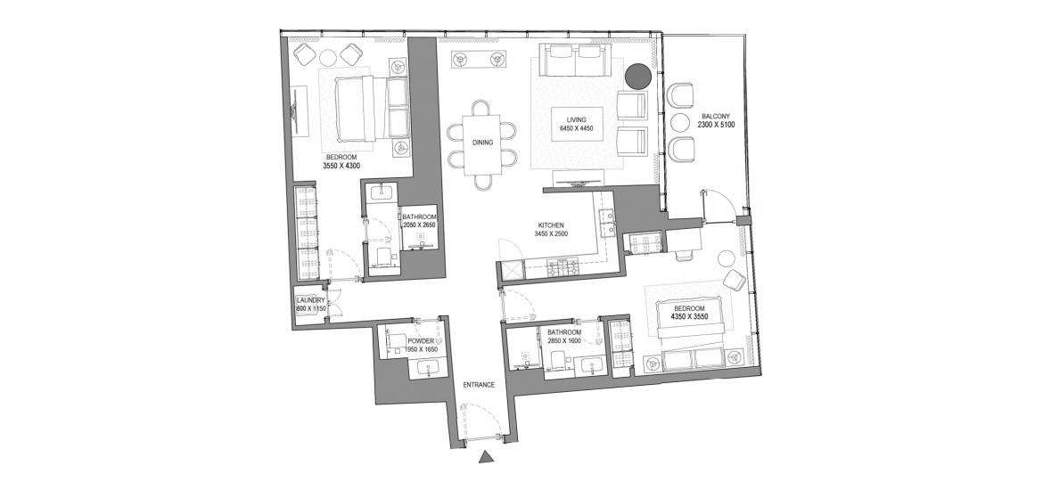 Plano del apartamento «2BR TYPE C», 2 dormitorios en SOBHA SEAHAVEN