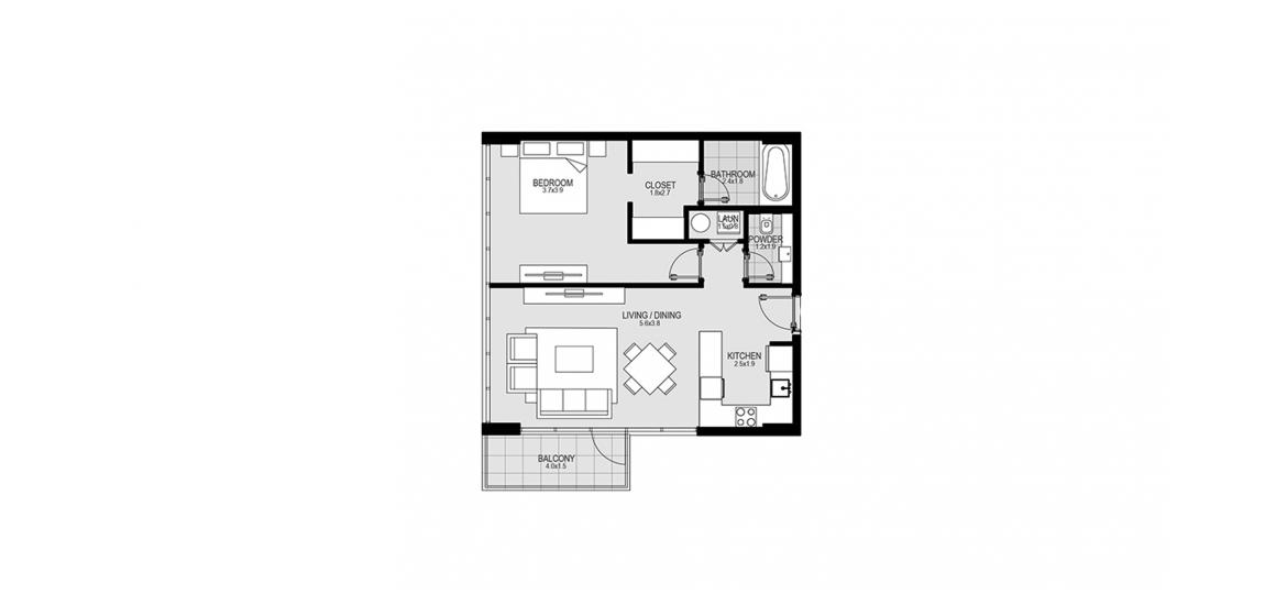 Plan d'étage de l'appartement «A», 1 chambre à coucher à DISTRICT ONE