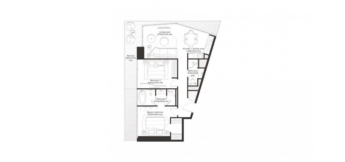 Plan d'étage de l'appartement «D», 2 chambres à W RESIDENCES DUBAI – DOWNTOWN