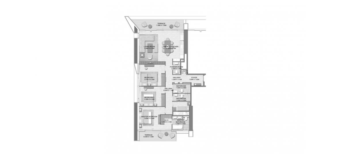 Plan d'étage de l'appartement «C», 3 chambres à PALACE RESIDENCES