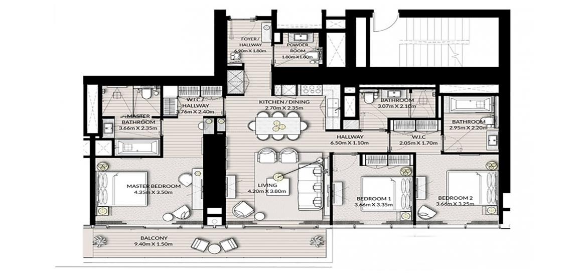 Plan d'étage de l'appartement «3BR 156SQM», 3 chambres à VIDA RESIDENCES DUBAI MARINA