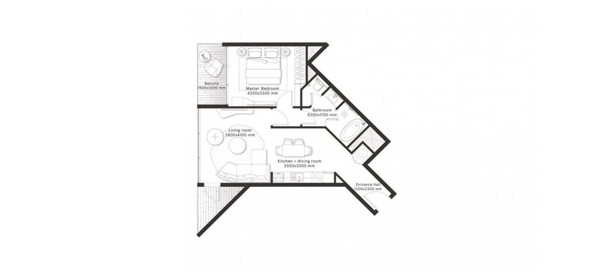 Plan d'étage de l'appartement «B», 1 chambre à coucher à W RESIDENCES DUBAI – DOWNTOWN