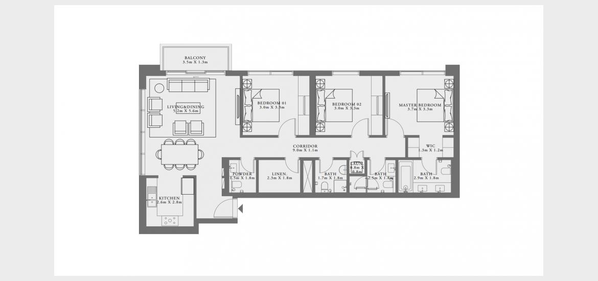 Plan d'étage de l'appartement «3-1C», 3 chambres à LIME GARDENS