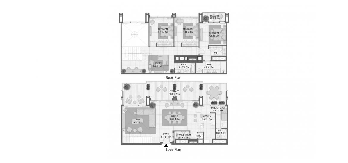 Plan d'étage de l'appartement «293 SQ.M 3 BEDROOM DUPLEX TYPE 07», 3 chambres à DESIGN QUARTER AT D3