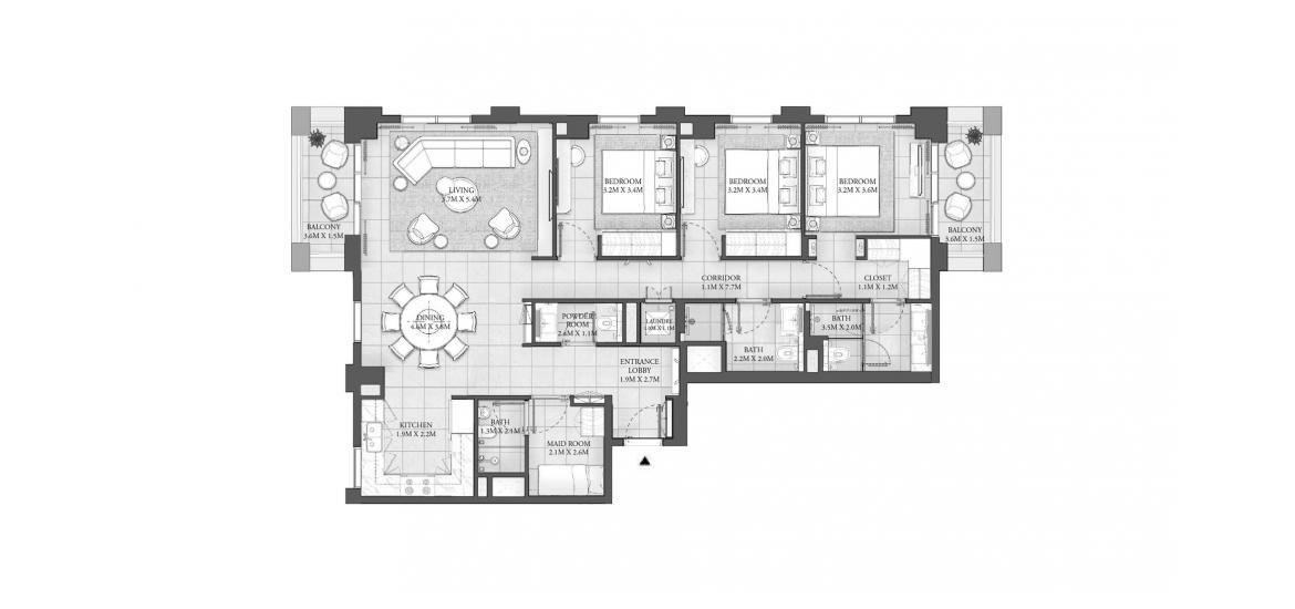 Plan d'étage de l'appartement «157 SQ.M 3BR BUILDING 2», 3 chambres à CEDAR RESIDENCES