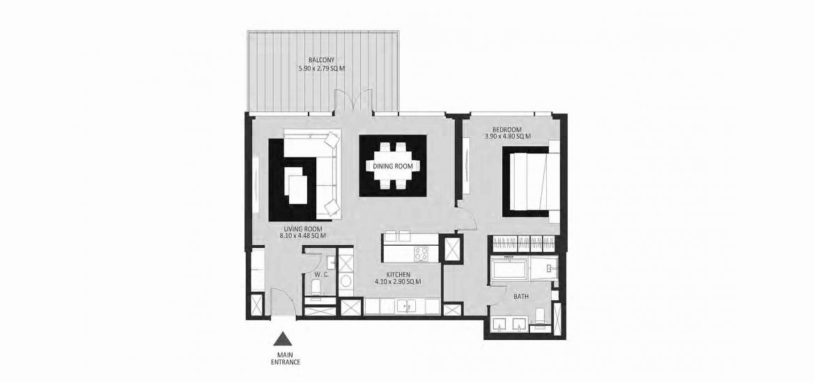 Plan mieszkania «1BR 107SQM», 1 sypialnia w BLUEWATERS RESIDENCES