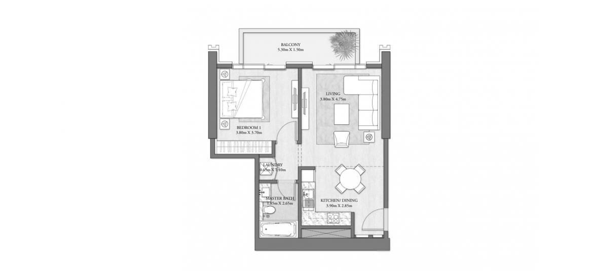 Plan mieszkania «B», 1 sypialnia w BEACH MANSION