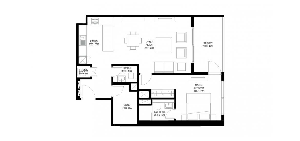 Plan mieszkania «B», 1 sypialnia w THE CREST GRANDE