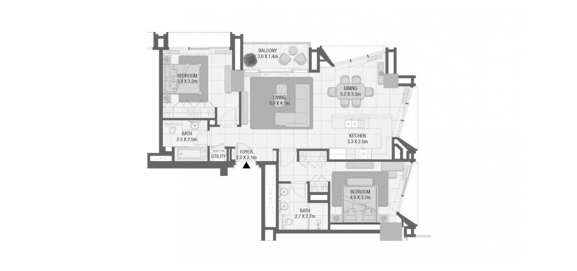 Plan mieszkania «109 SQ.M 2 BEDROOM TYPE 03», 2 sypialnie w DESIGN QUARTER AT D3