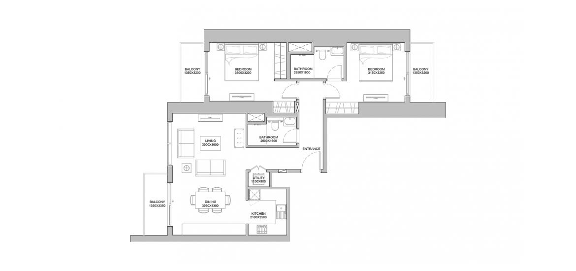 Plan mieszkania «2 BEDROOM TYPE A 109 Sq.m», 2 sypialnie w 320 RIVERSIDE CRESCENT
