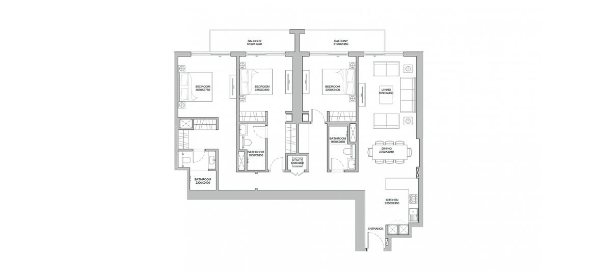 Plan mieszkania «3 BEDROOM TYPE A 153 Sq.m», 3 sypialnie w 320 RIVERSIDE CRESCENT