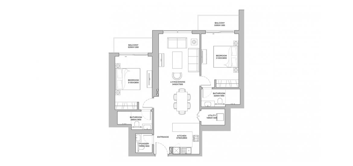 Plan mieszkania «2 BEDROOM TYPE B 101 Sq.m», 2 sypialnie w 320 RIVERSIDE CRESCENT