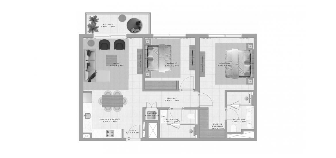 Plan mieszkania «CLUB DRIVE TWO-BEDROOM-TYPE-3A-1-100M», 2 sypialnie w CLUB DRIVE