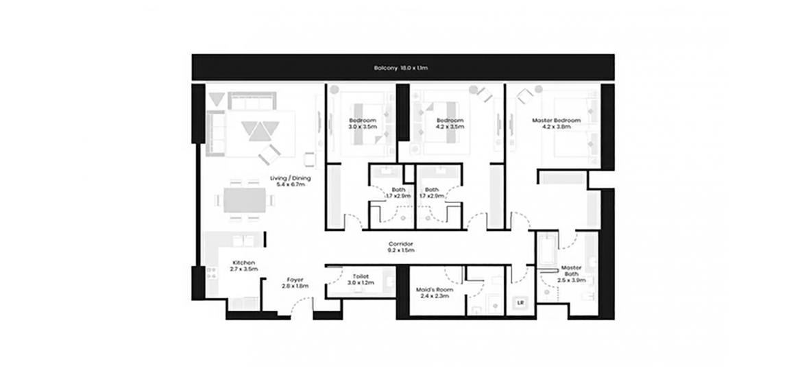 Планировка апартаментов «3BR» 3 спальни в ЖК AVANI PALM VIEW