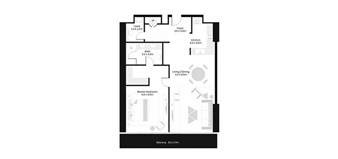 Планировка апартаментов «1BR» 1 спальня в ЖК AVANI PALM VIEW
