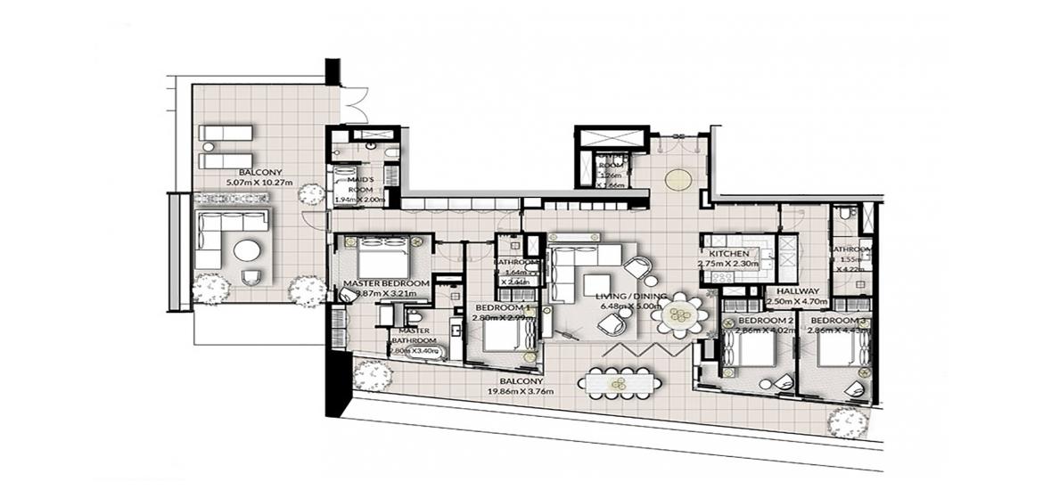 Планировка апартаментов «4BR 288SQM» 4 спальни в ЖК VIDA RESIDENCES DUBAI MARINA