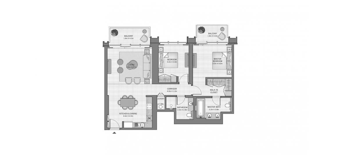 Планировка апартаментов «THE GRAND 2BR 122SQM» 2 спальни в ЖК THE GRAND