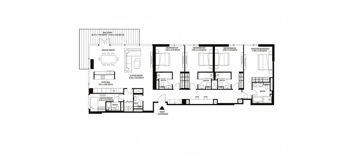 Планировка апартаментов «4BR 229SQM» 4 спальни в ЖК BLUEWATERS RESIDENCES