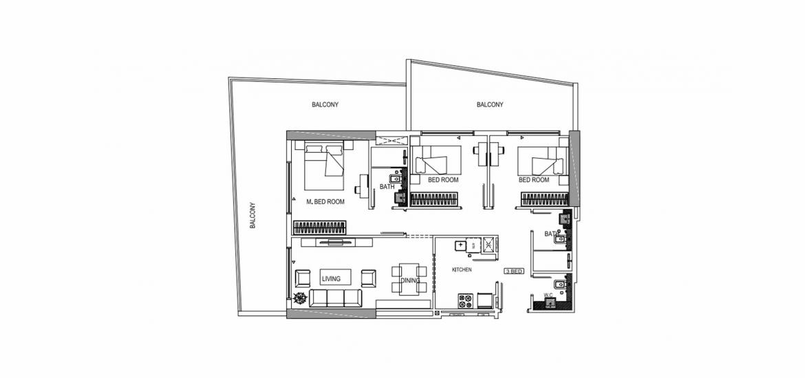 Планировка апартаментов «C» 3 спальни в ЖК BINGHATTI CREEK