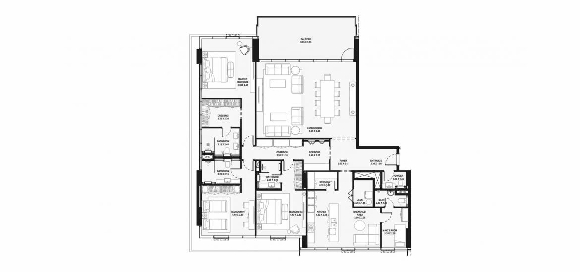 Планировка апартаментов «B» 3 спальни в ЖК LAGOON VIEWS
