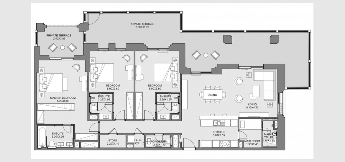 Планировка апартаментов «218sqm» 3 спальни в ЖК JADEEL