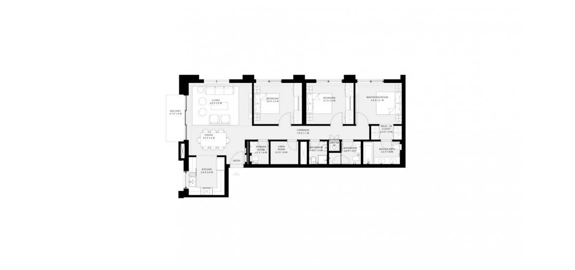 Планировка апартаментов «126SQM» 3 спальни в ЖК PARK FIELD