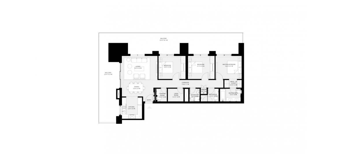 Планировка апартаментов «204SQM» 3 спальни в ЖК PARK FIELD