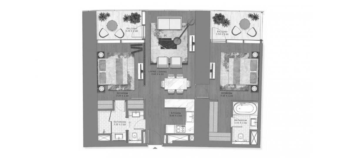 Планировка апартаментов «88.53SQM» 2 спальни в ЖК SAFA TWO
