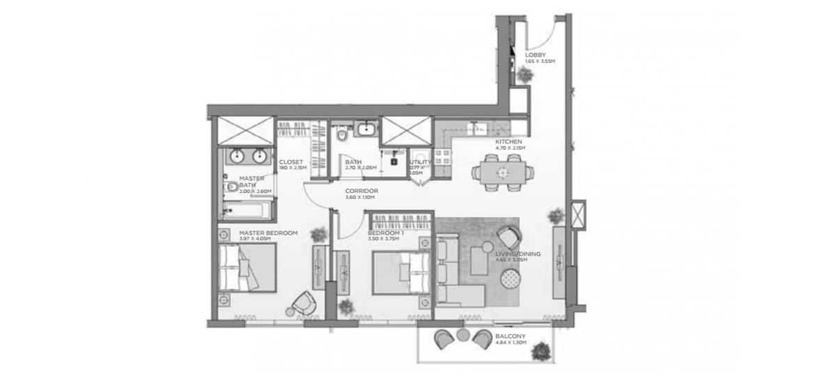 Планировка апартаментов «105SQM D1» 2 спальни в ЖК CASTLETON