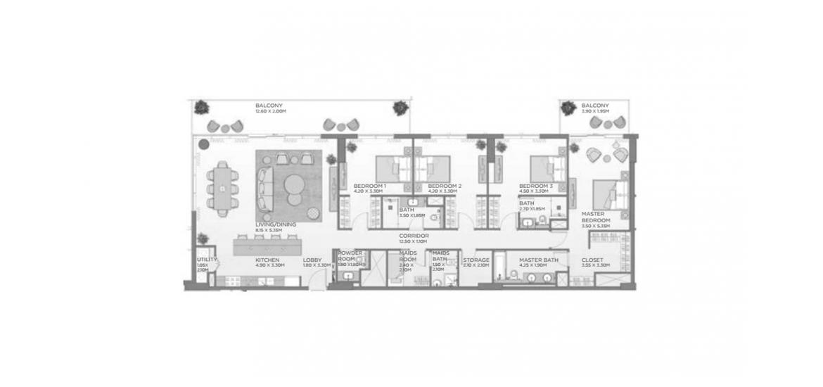 Планировка апартаментов «252SQM A2» 4 спальни в ЖК CASTLETON