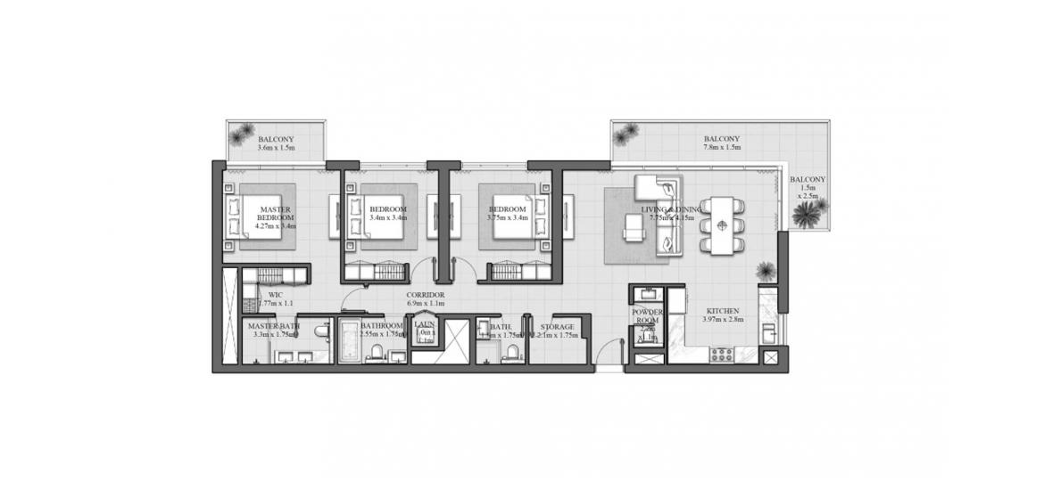 Планировка апартаментов «165SQM 2A» 3 спальни в ЖК HILLS PARK