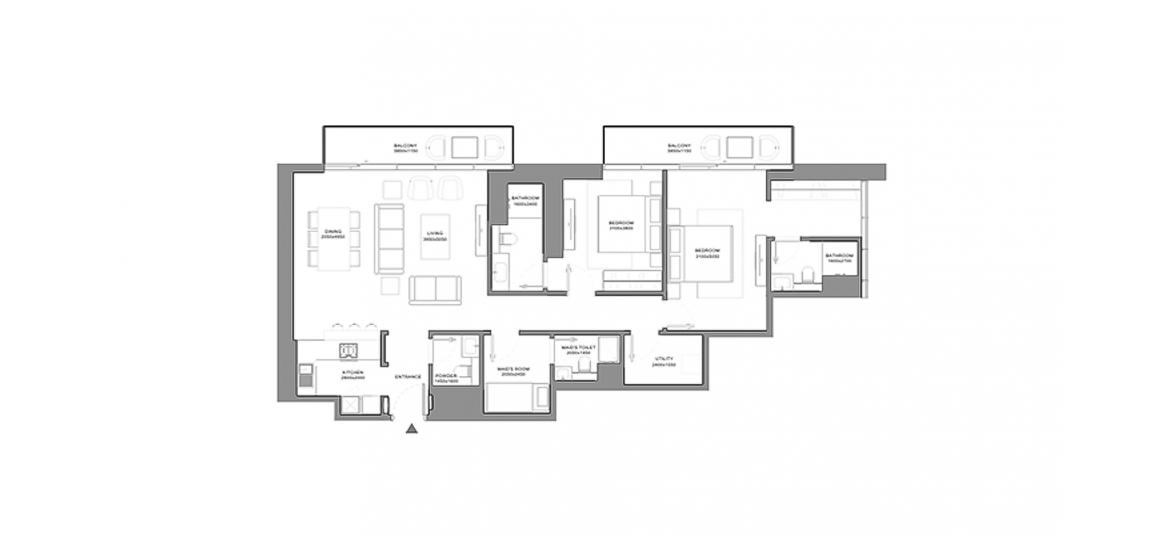 Планировка апартаментов «TYPE C 2 BEDROOM TOTAL 132SQ.M» 2 спальни в ЖК VERDE RESIDENCES