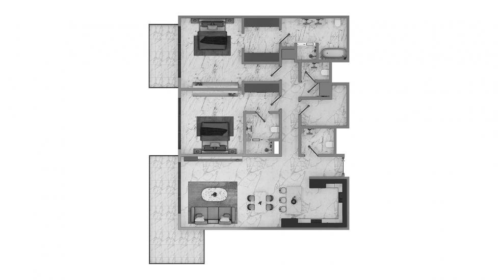 Планировка апартаментов «2 Bedroom 01 158SQM» 3 комнаты в ЖК CANAL FRONT RESIDENCES