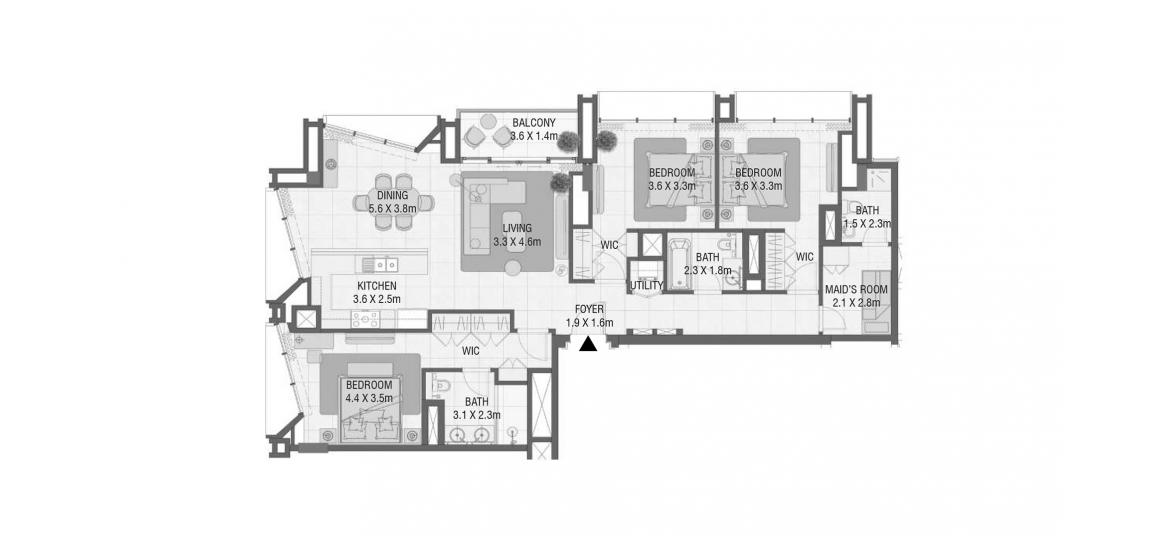 Планировка апартаментов «144 SQ.M 3 BEDROOM TYPE 02 M» 5 комнат в ЖК DESIGN QUARTER AT D3