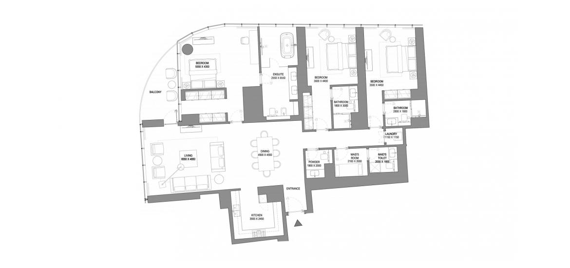 Планировка апартаментов «3BR TYPE C» 3 спальни в ЖК SOBHA SEAHAVEN