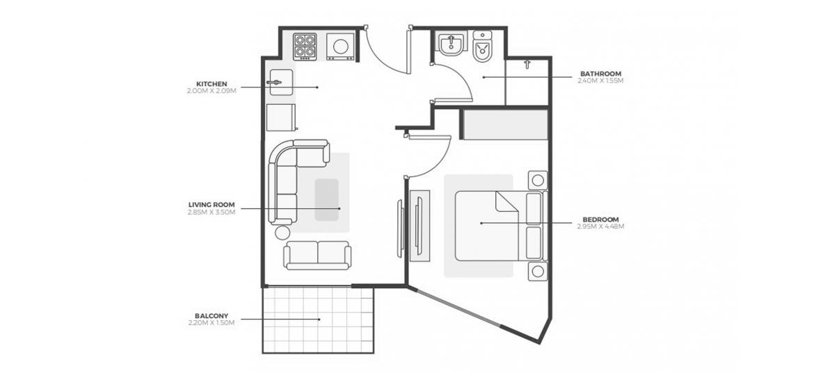 Планировка апартаментов «42sqm» 2 комнаты в ЖК AZIZI PARK AVENUE