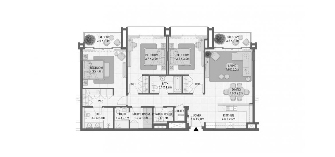 Планировка апартаментов «156 SQ.M 3 BEDROOM TYPE 01» 5 комнат в ЖК DESIGN QUARTER AT D3