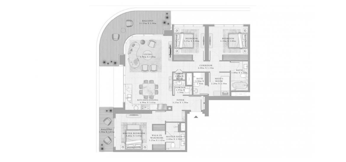 Планировка апартаментов «3BR 02 168SQM» 4 комнаты в ЖК BAYVIEW BY ADDRESS RESORTS