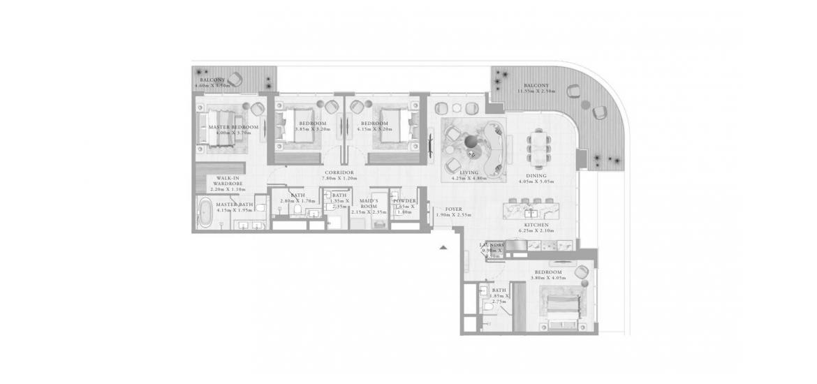 Планировка апартаментов «4BR 01 229SQM» 5 комнат в ЖК BAYVIEW BY ADDRESS RESORTS