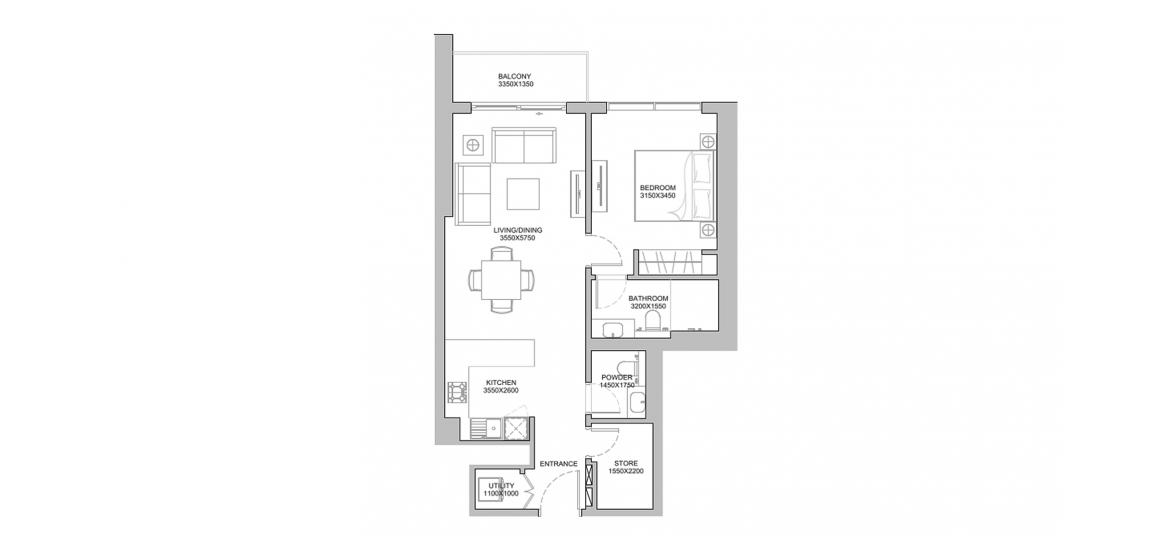 Планировка апартаментов «1 BEDROOM TYPE B 70 Sq.m» 1 спальня в ЖК 320 RIVERSIDE CRESCENT