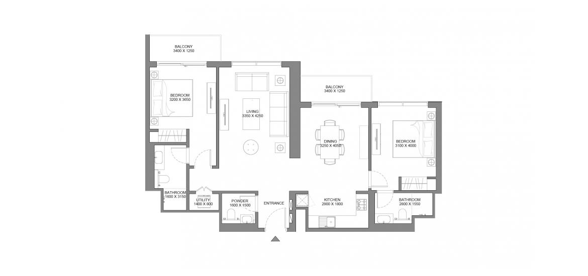 Планировка апартаментов «105 SQ.M 2 BDRM TYPE C» 4 комнаты в ЖК 330 RIVERSIDE CRESCENT