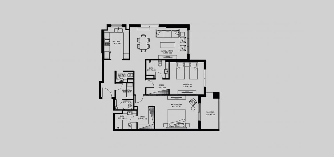 Планировка апартаментов «ELEGANZ-2BD-1338-1347-TYPE-C» 2 спальни в ЖК ELEGANZ