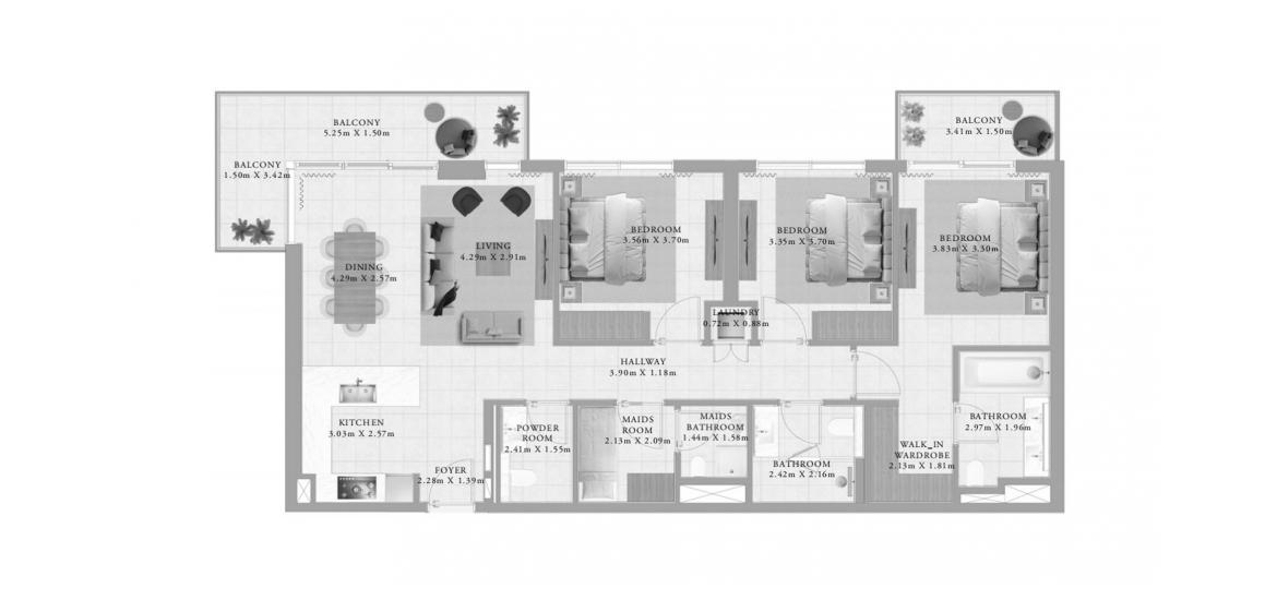 Планировка апартаментов «CLUB DRIVE THREE-BEDROOM-TYPE-1B-145M» 3 спальни в ЖК CLUB DRIVE